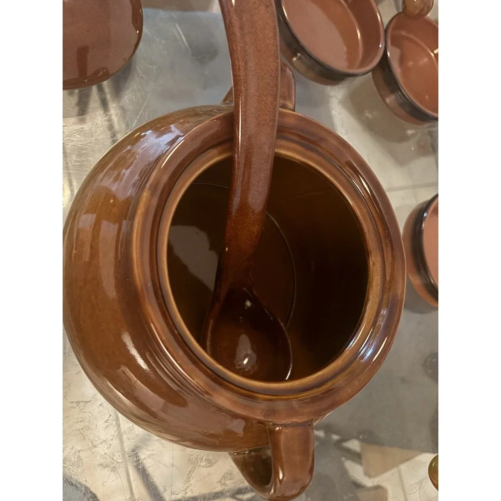 VTG Brown Drip Glaze Ceramic Soup Tureen Ladle Lid Bowls Ramekins Set Made China